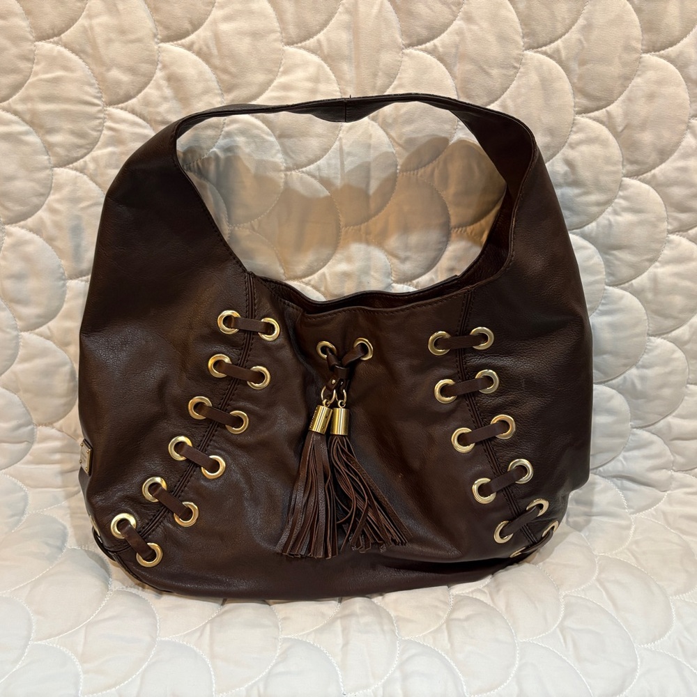 Michael Kors Dark Brown Leather Shoulder Bag with Tassel